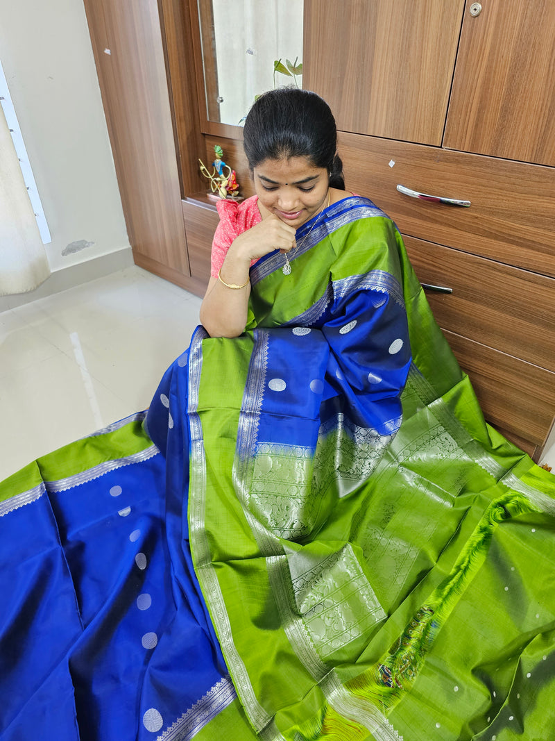 Classical Kanjivaram Pattern Pure Handloom Soft Silk Saree -  Blue with Green