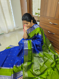 Classical Kanjivaram Pattern Pure Handloom Soft Silk Saree -  Blue with Green