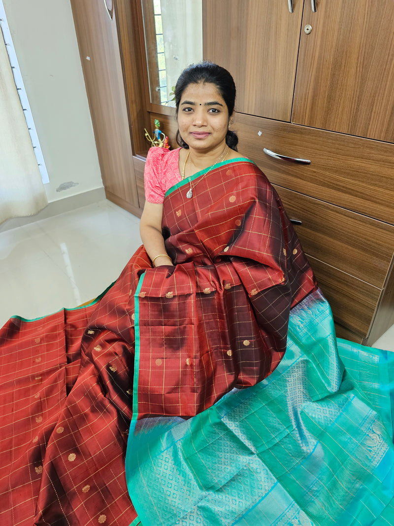 Classical Kanjivaram Pattern Pure Handloom Soft Silk Saree -  Deep Brown with Sea Green