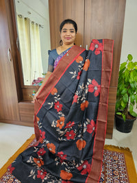 Black with Red Handwoven Tussar Silk Saree with Zari Border