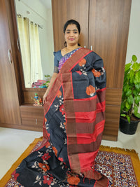 Black with Red Handwoven Tussar Silk Saree with Zari Border