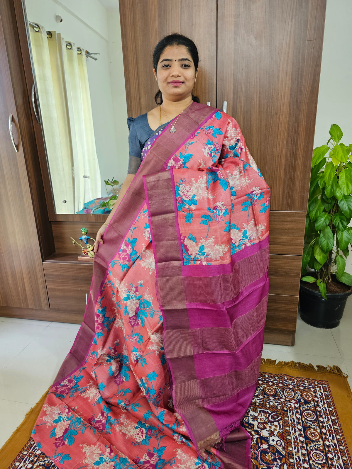 Peach with Pink Handwoven Tussar Silk Saree with Zari Border