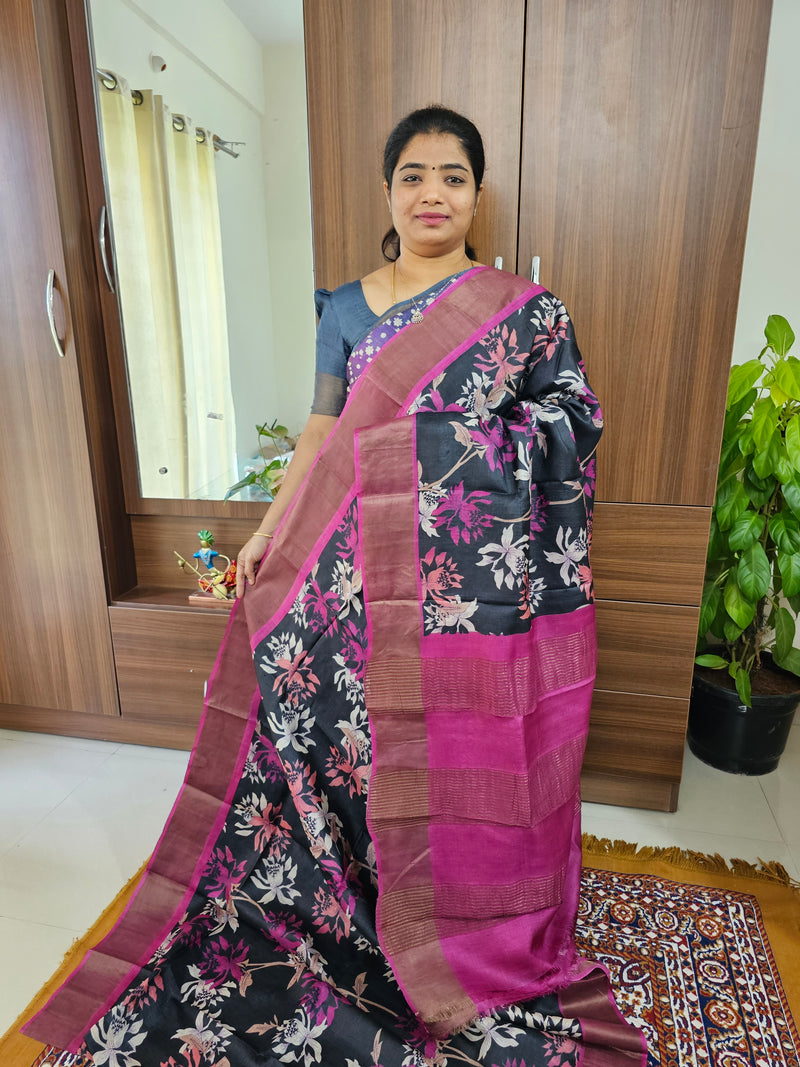 Black with Pink Handwoven Tussar Silk Saree with Zari Border