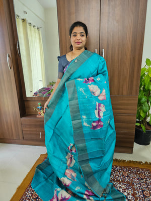 Blue Handwoven Tussar Silk Saree with Zari Border