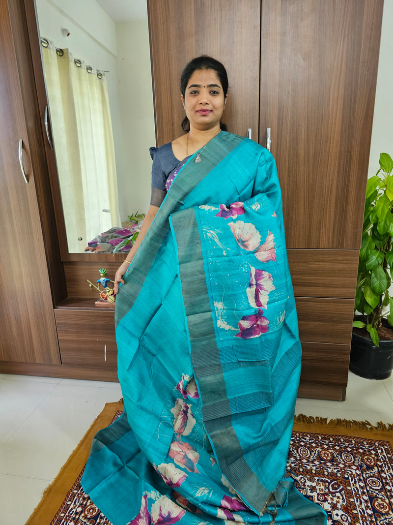 Blue Handwoven Tussar Silk Saree with Zari Border