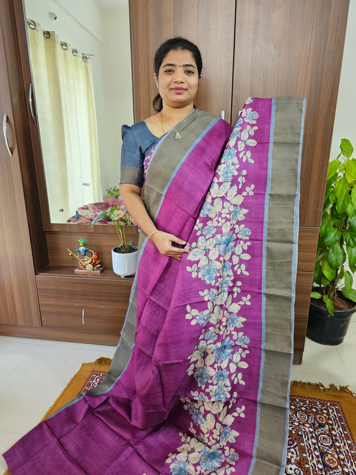 Magenta with Grey Handwoven Tussar Silk Saree with Zari Border