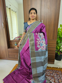 Magenta with Grey Handwoven Tussar Silk Saree with Zari Border