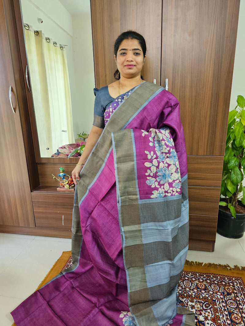 Magenta with Grey Handwoven Tussar Silk Saree with Zari Border