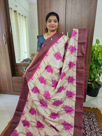 Cream with Pink Handwoven Tussar Silk Saree with Zari Border