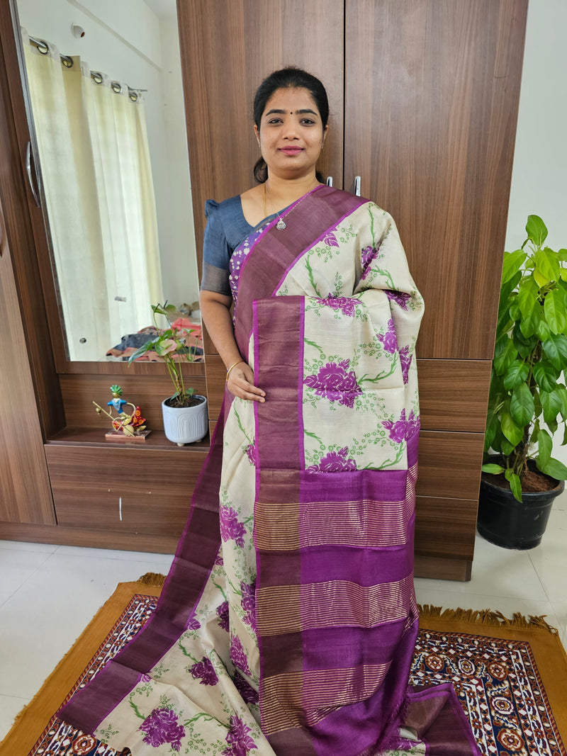 Cream  with Purple Handwoven Tussar Silk Saree with Zari Border