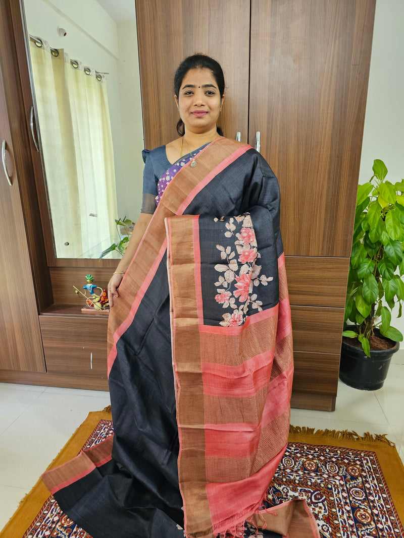 Black with Peach Handwoven Tussar Silk Saree with Zari Border