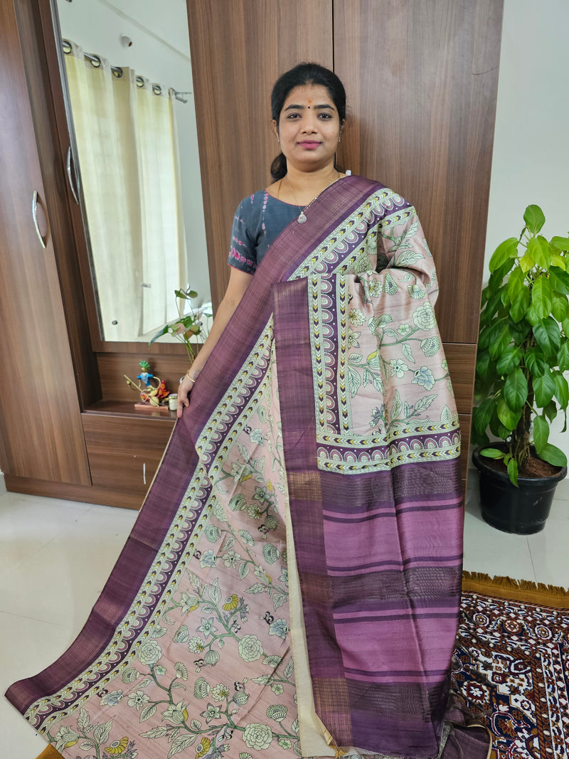 Semi Ghicha Purple Kalamkari Printed Saree