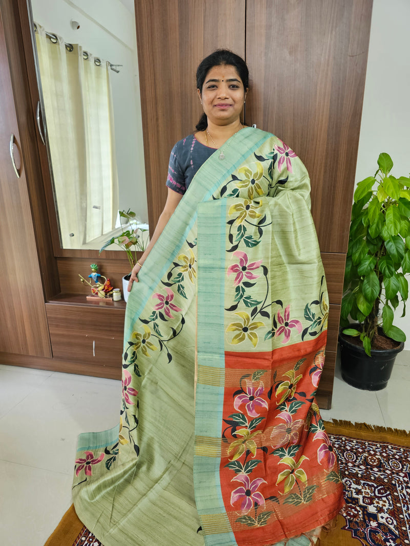 Semi Ghicha Pista Green with Rust Orange Kalamkari Printed Saree