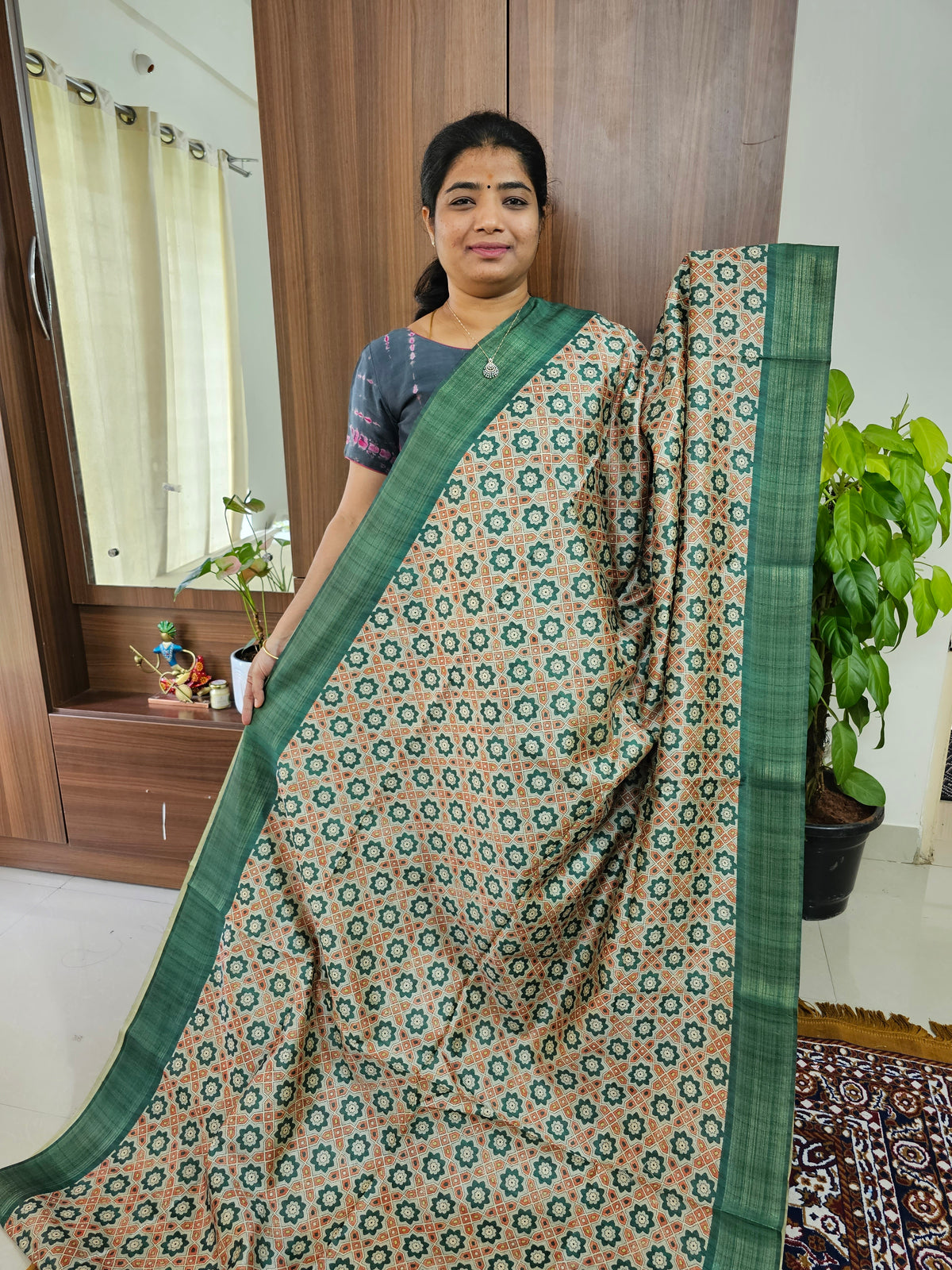 Semi Ghicha Bottle Green Digital Printed Saree