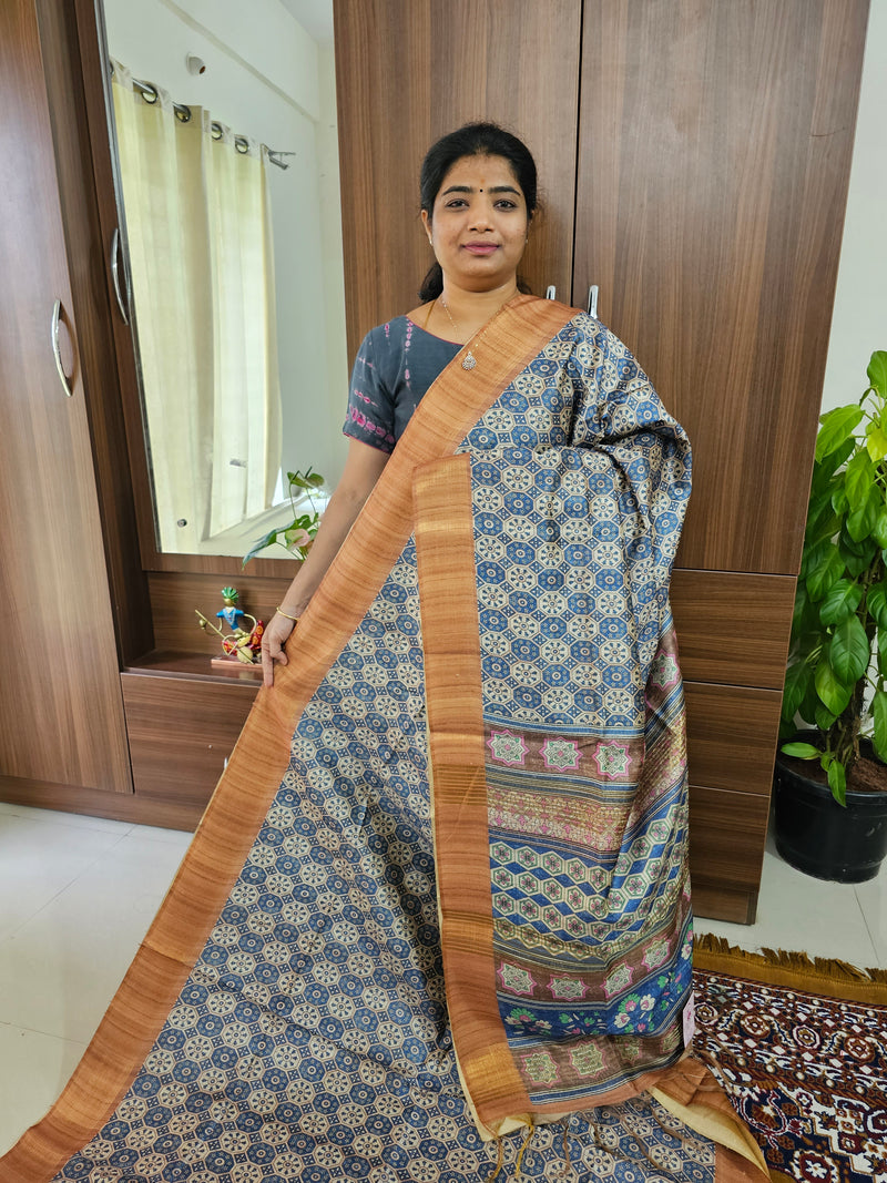 Semi Ghicha Beige with Dark Brown  Printed Saree