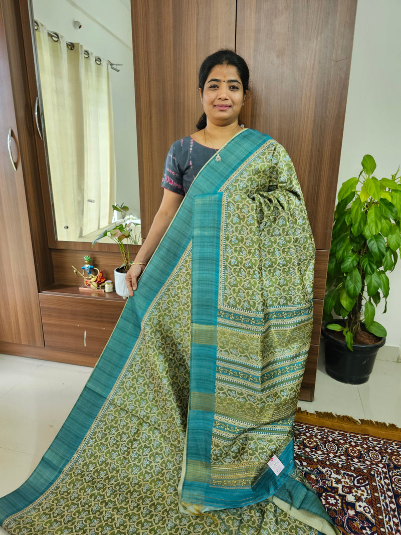 Semi Ghicha Green with Sea Green Digital Printed Saree