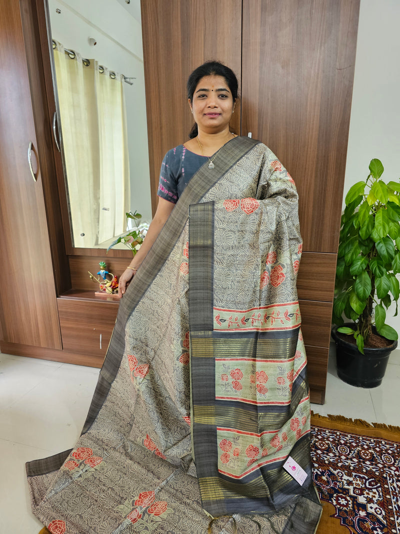 Semi Ghicha Grey with Red Kalamkari Printed Saree