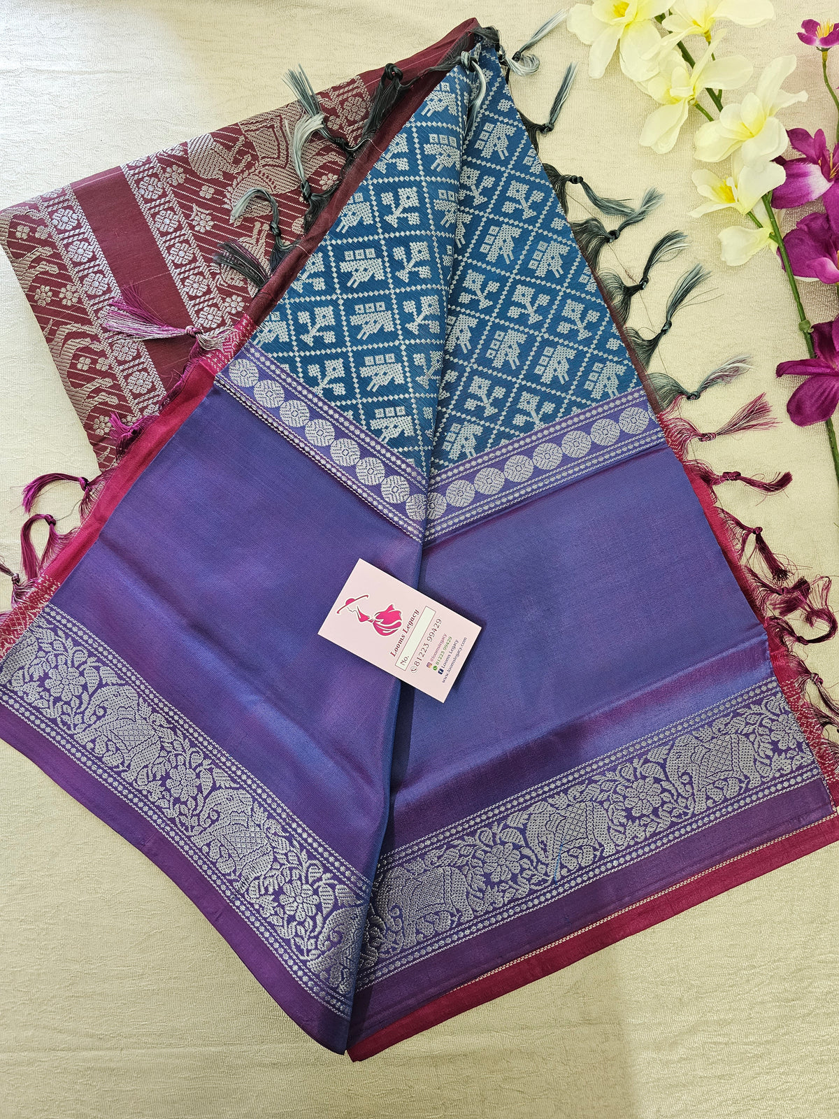 Peacock Blue cum Purple with Maroon Vanasingram Pattern Chinnalampattu Border Saree with Grand Zari Weaving Pallu