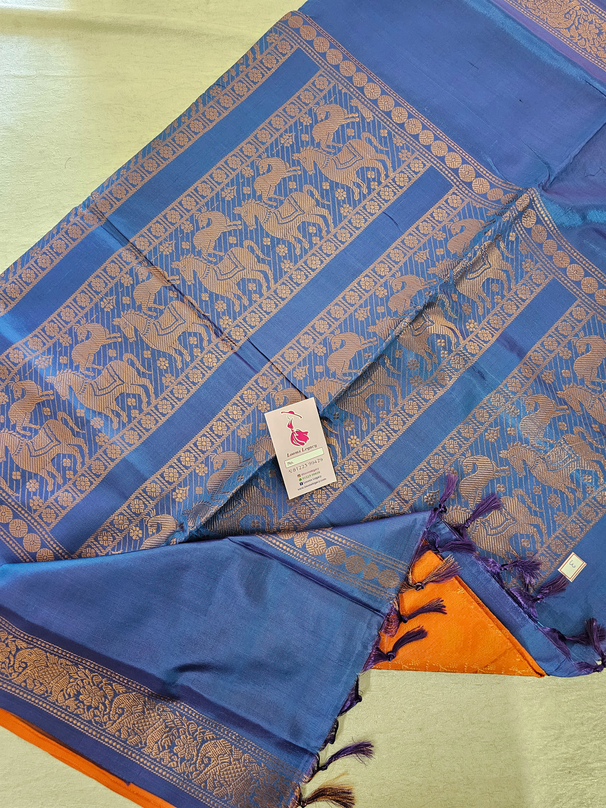 Orange with Blue cum Purple Vanasingram Pattern Chinnalampattu Border Saree with Grand Zari Weaving Pallu