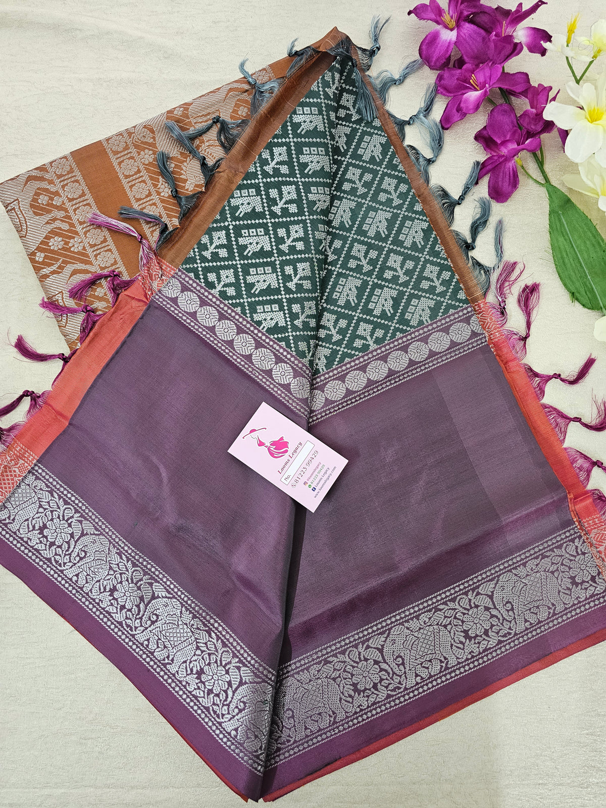 Dark Green with  Dual Shade Purple Vanasingram Pattern Chinnalampattu Border Saree with Grand Zari Weaving Pallu