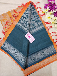 Peacock Green with Dual Shade Orange Vanasingram Pattern Chinnalampattu Border Saree with Grand Zari Weaving Pallu