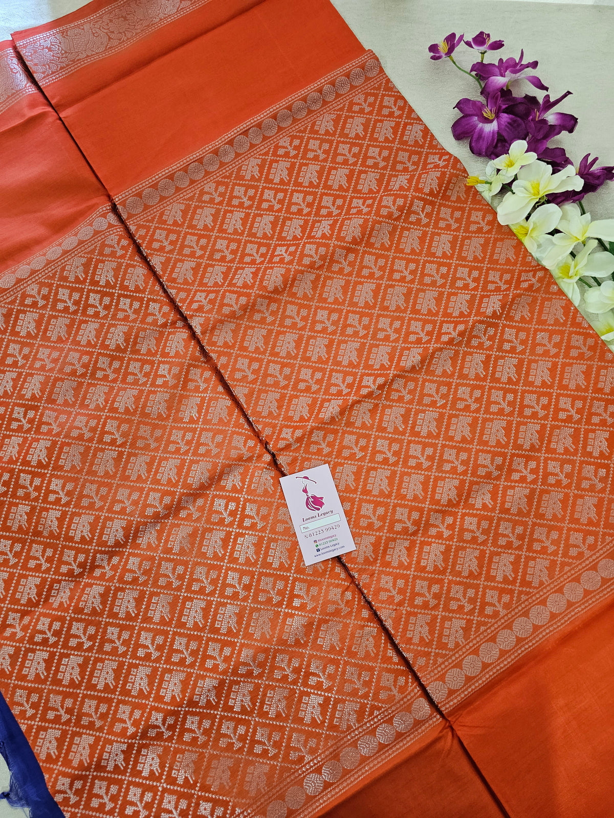 Orange with Blue Vanasingram Pattern Chinnalampattu Border Saree with Grand Zari Weaving Pallu