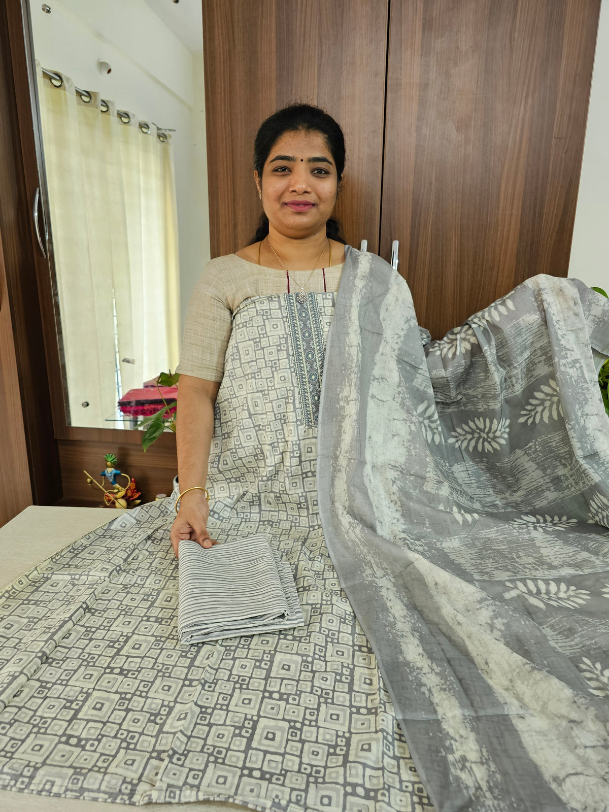 Soft Cotton Unstitched Salwar Suit - Grey