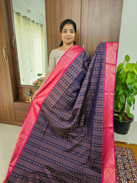 Navy Blue with  Pink Copper Zari Weave Semi Kanchi Silk Brocade Saree