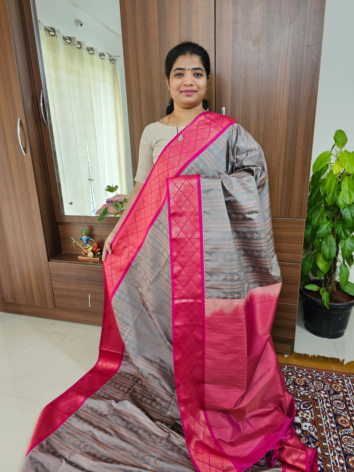 Grey with Pink Copper Zari Weave Semi Kanchi Silk Brocade Saree