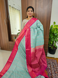 Sea Blue with Pink Copper Zari Weave Semi Kanchi Silk Brocade Saree