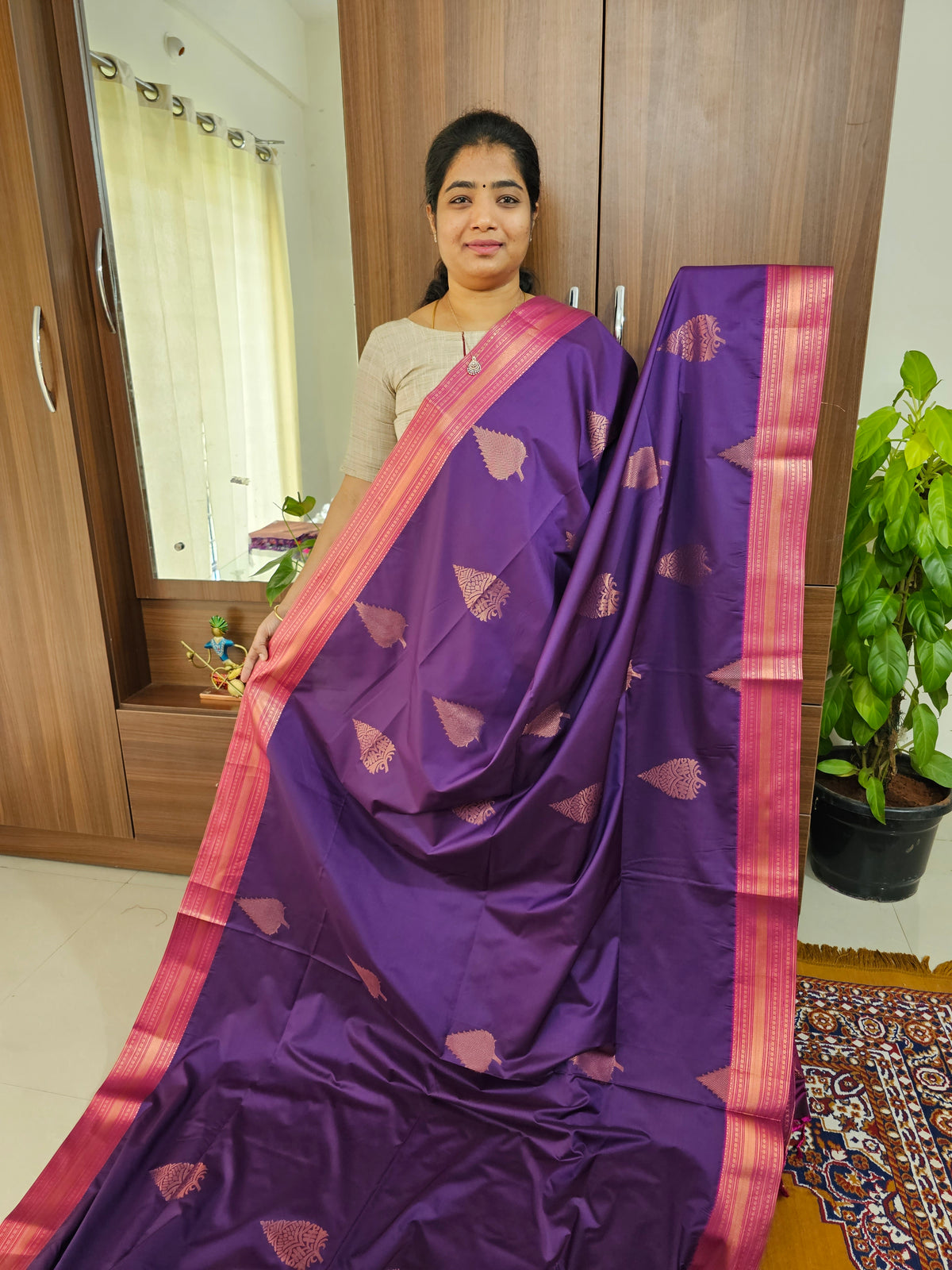 Dark Purple with Dual Shade Pink Pallu Copper Zari Weave Semi Kanchi Silk Brocade Saree