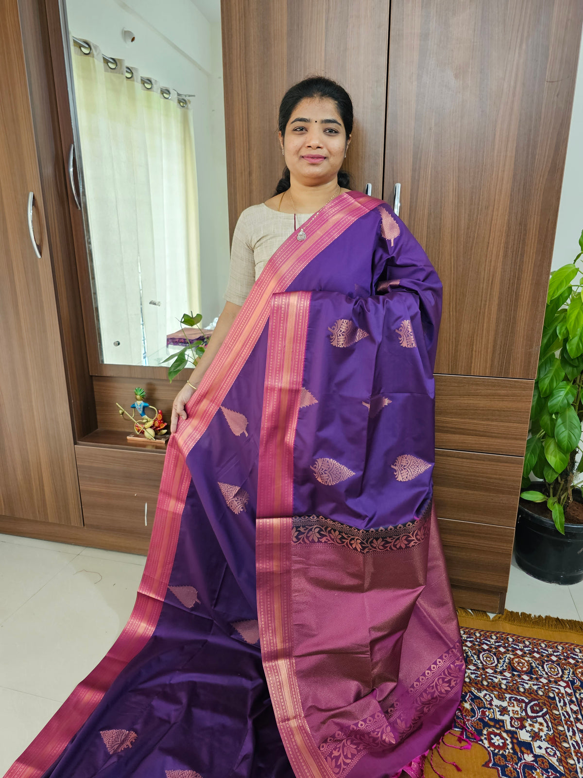 Dark Purple with Dual Shade Pink Pallu Copper Zari Weave Semi Kanchi Silk Brocade Saree