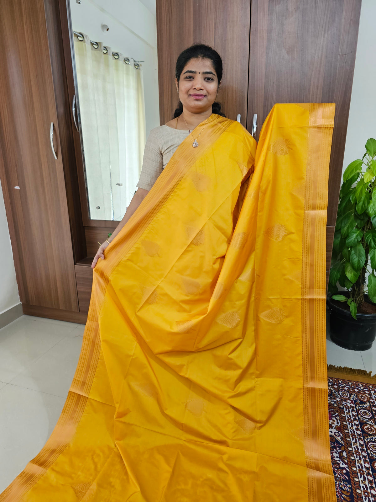 Mango Yellow with Pink Pallu Copper Zari Weave Semi Kanchi Silk Brocade Saree