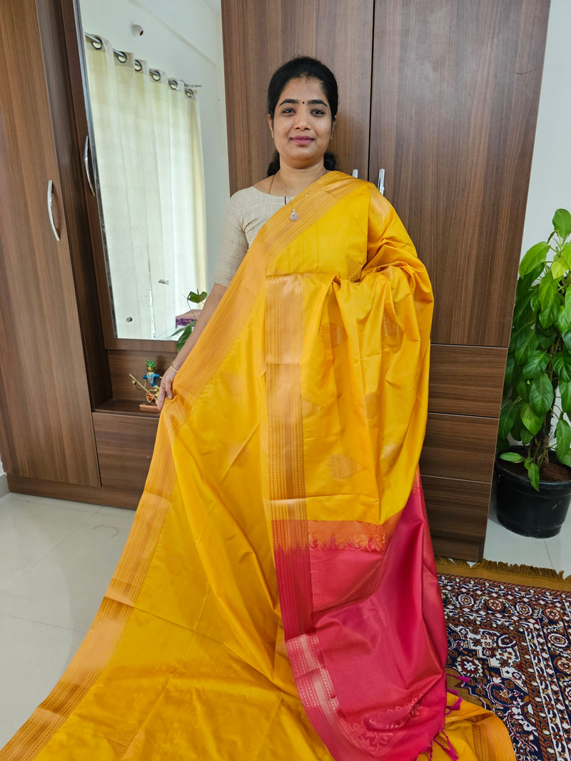 Mango Yellow with Pink Pallu Copper Zari Weave Semi Kanchi Silk Brocade Saree