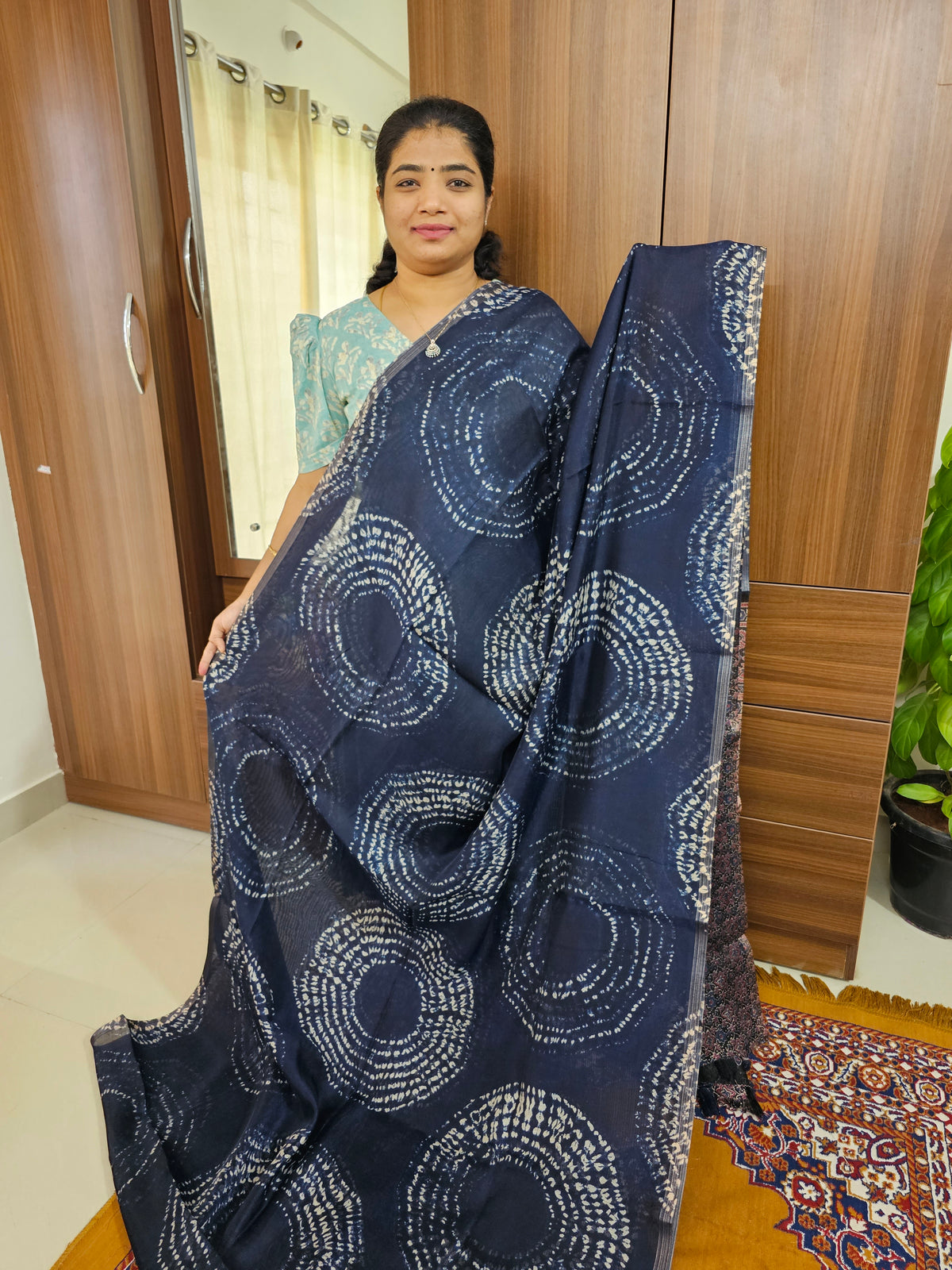 Linen Cotton with Ajark Pallu - Navy Blue with Black