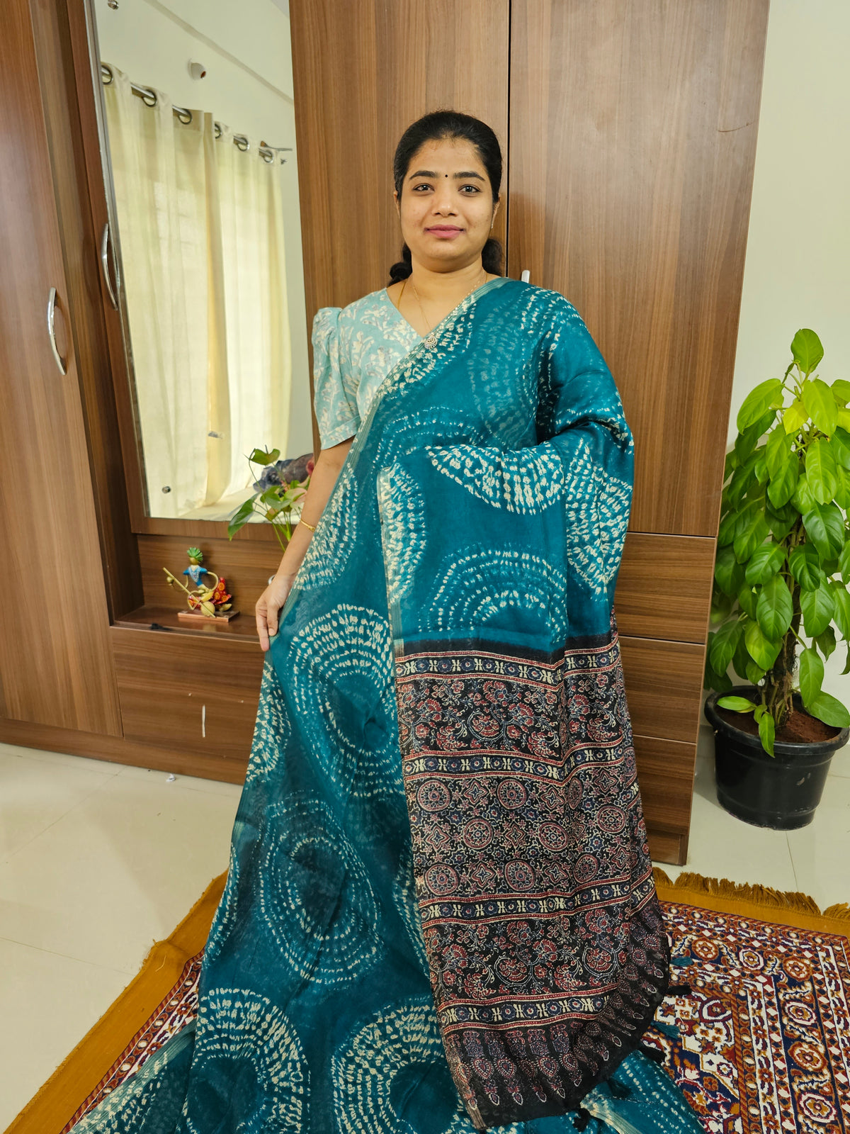 Linen Cotton with Ajark Pallu - Peacock Blue with Black