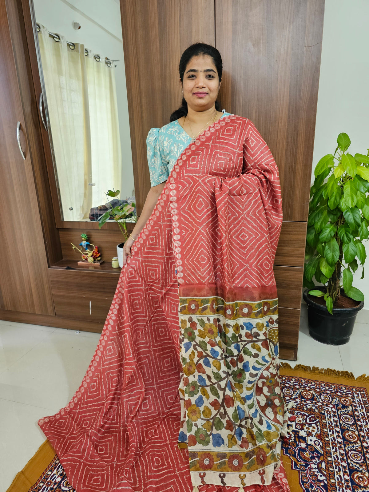 Linen Cotton with Bandhini Design Kalamkari Pallu - Dark Onion Pink