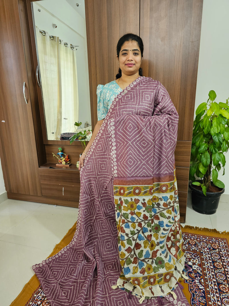 Linen Cotton with Bandhini Design Kalamkari Pallu - Dark Purple