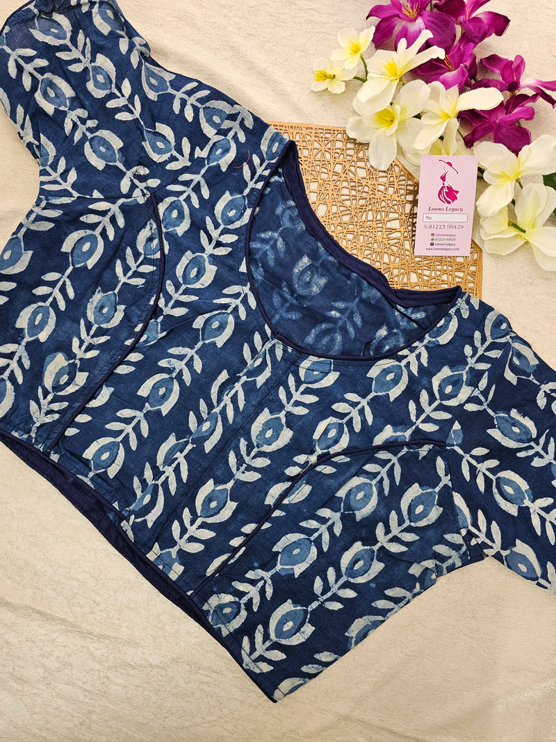 Pure Cotton Block Printed Blouse - Indigo Blue