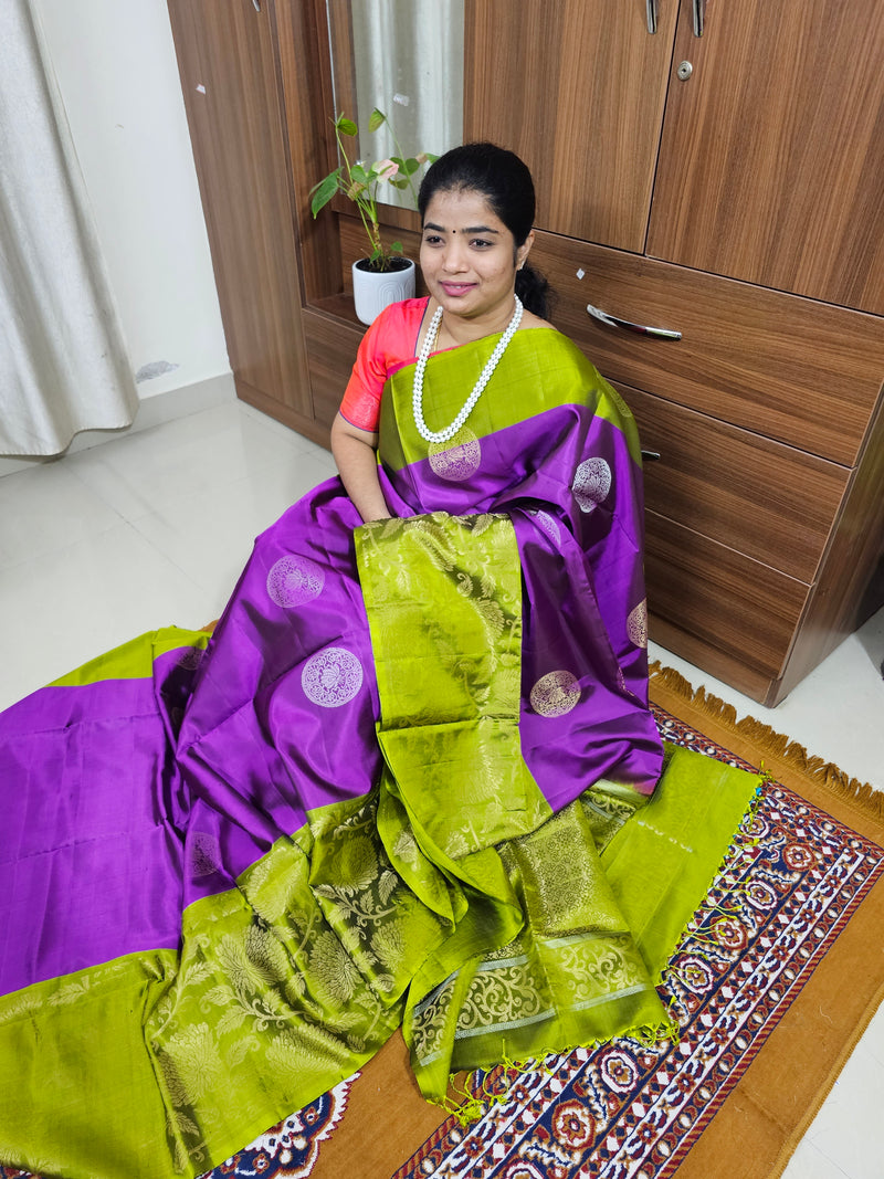 Classic Kanjivaram Pattern Pure Handloom Soft Silk Saree -   Purple with Green
