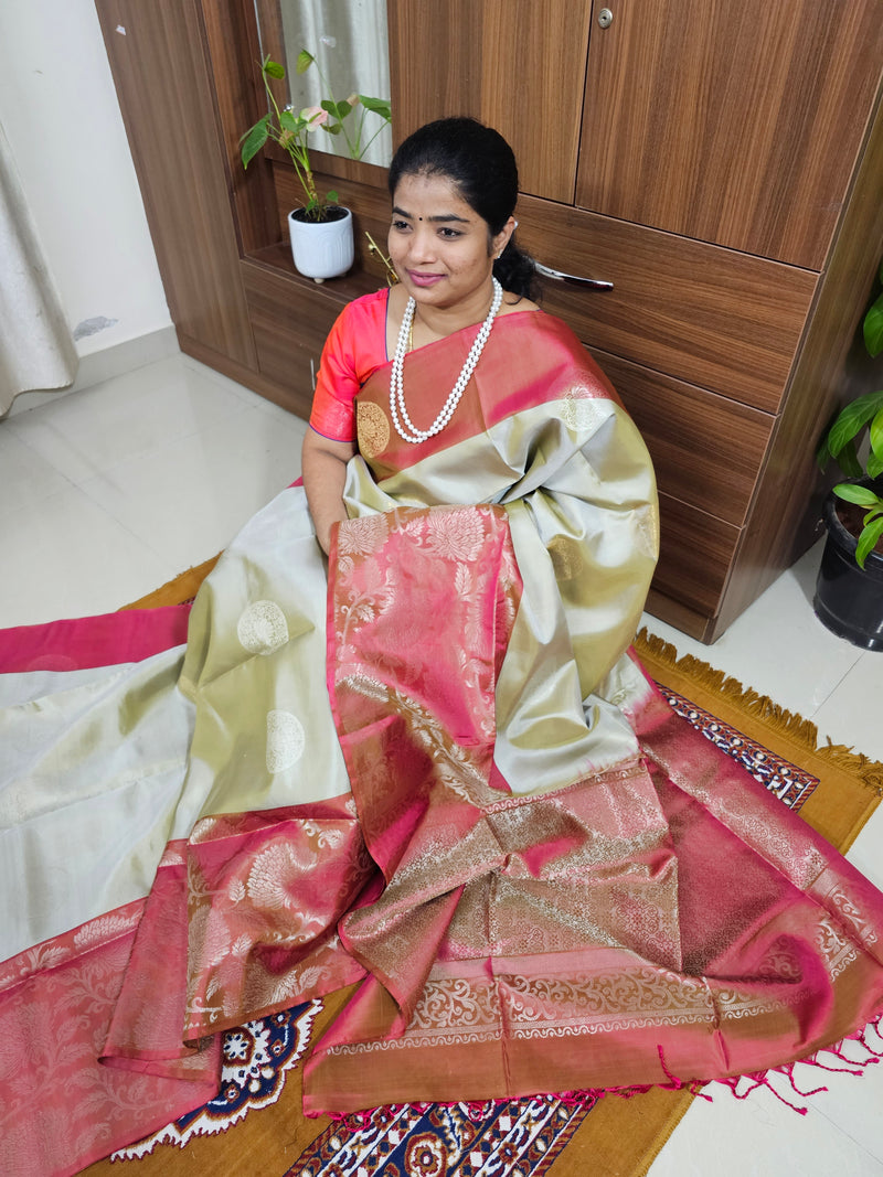 Classic Kanjivaram Pattern Pure Handloom Soft Silk Saree -   Chikoo with Reddish Maroon
