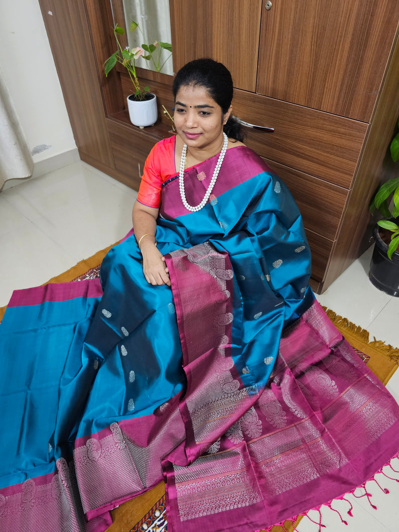 Classic Kanjivaram Pattern Pure Handloom Soft Silk Saree -   Peacock Blue with Magenta Pink