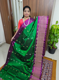 Classic Kanjivaram Pattern Pure Handloom Soft Silk Saree -   Bottle Green with Magenta Pink