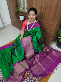 Classic Kanjivaram Pattern Pure Handloom Soft Silk Saree -   Bottle Green with Magenta Pink