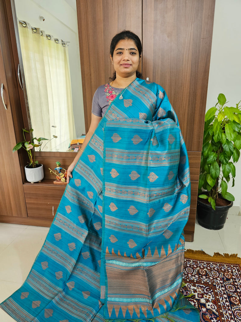 Semi Maandu Tussar Zari Weaving Saree - Peacock Blue