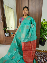 Semi Maandu Tussar Zari Weaving Saree with Contrast Pallu - Sea Green with Red