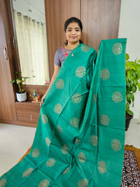 Semi Maandu Tussar Zari Weaving Saree with Contrast Pallu - Dark Green with Mustard Yellow