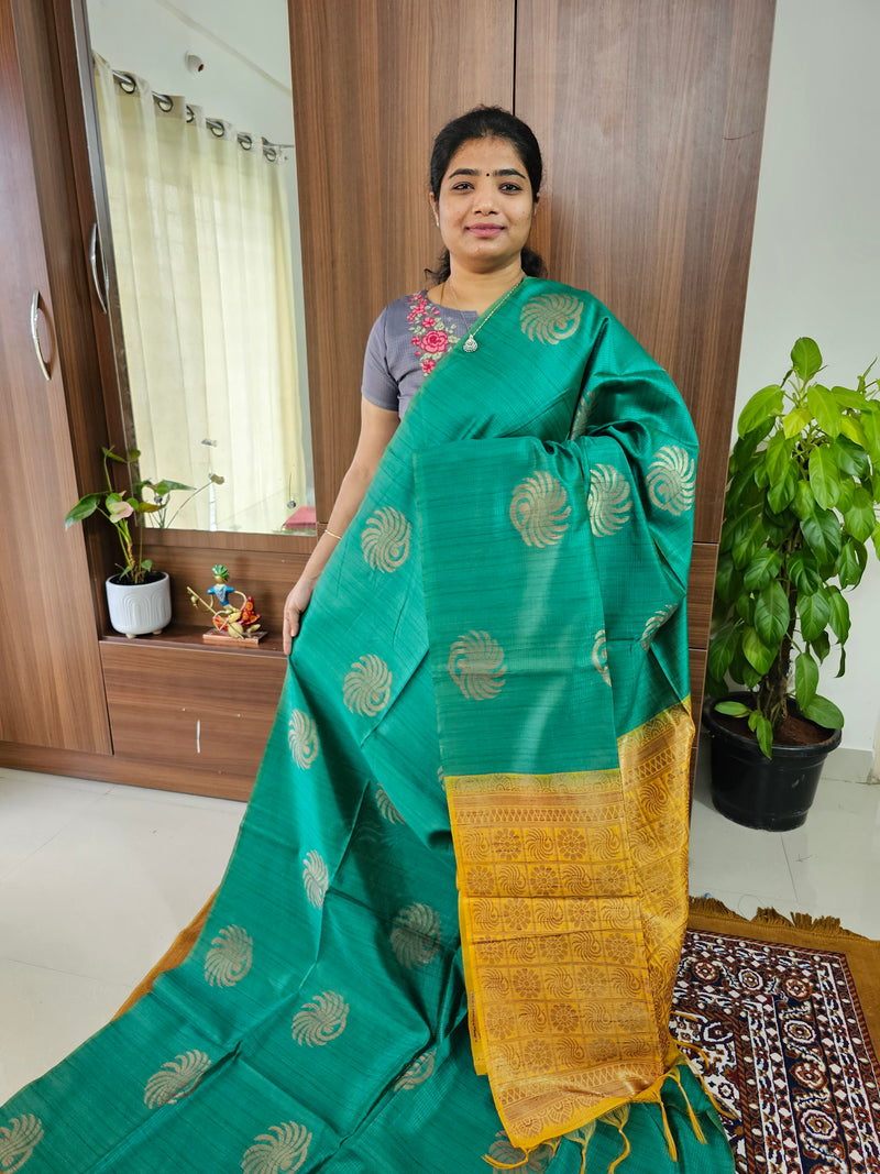 Semi Maandu Tussar Zari Weaving Saree with Contrast Pallu - Dark Green with Mustard Yellow