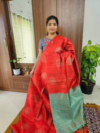 Semi Maandu Tussar Zari Weaving Saree with Contrast Pallu - Red with Sea Green