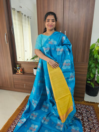 Semi Maandu Tussar Zari Weaving Saree -  Blue with Yellow Blouse